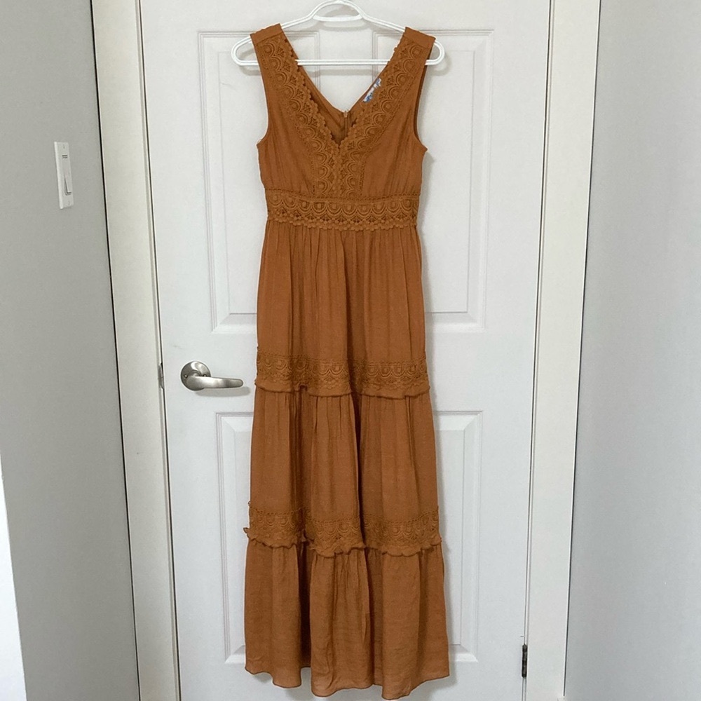 Rebellion again Tiered Maxi Sundress with V-Neck and Lace - Size Small